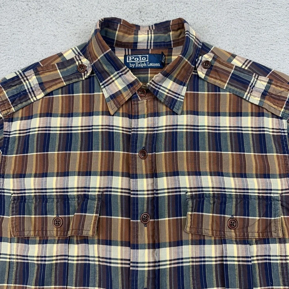 Polo Ralph Lauren Shirt Mens Medium Brown Blue Plaid Short Sleeve‎ Button Up